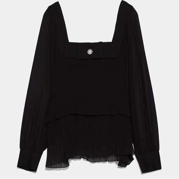 Zara Tops - New Women Zara Black Long Sheer Sleeve Black Crystal Embellished Bow Top Size S
